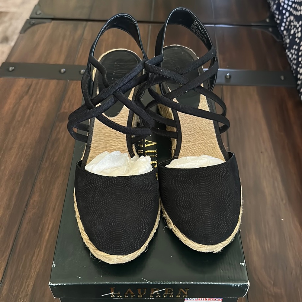RALPH LAUREN sandals/ espadrilles. Black Nubuck . Size 9B. With original box